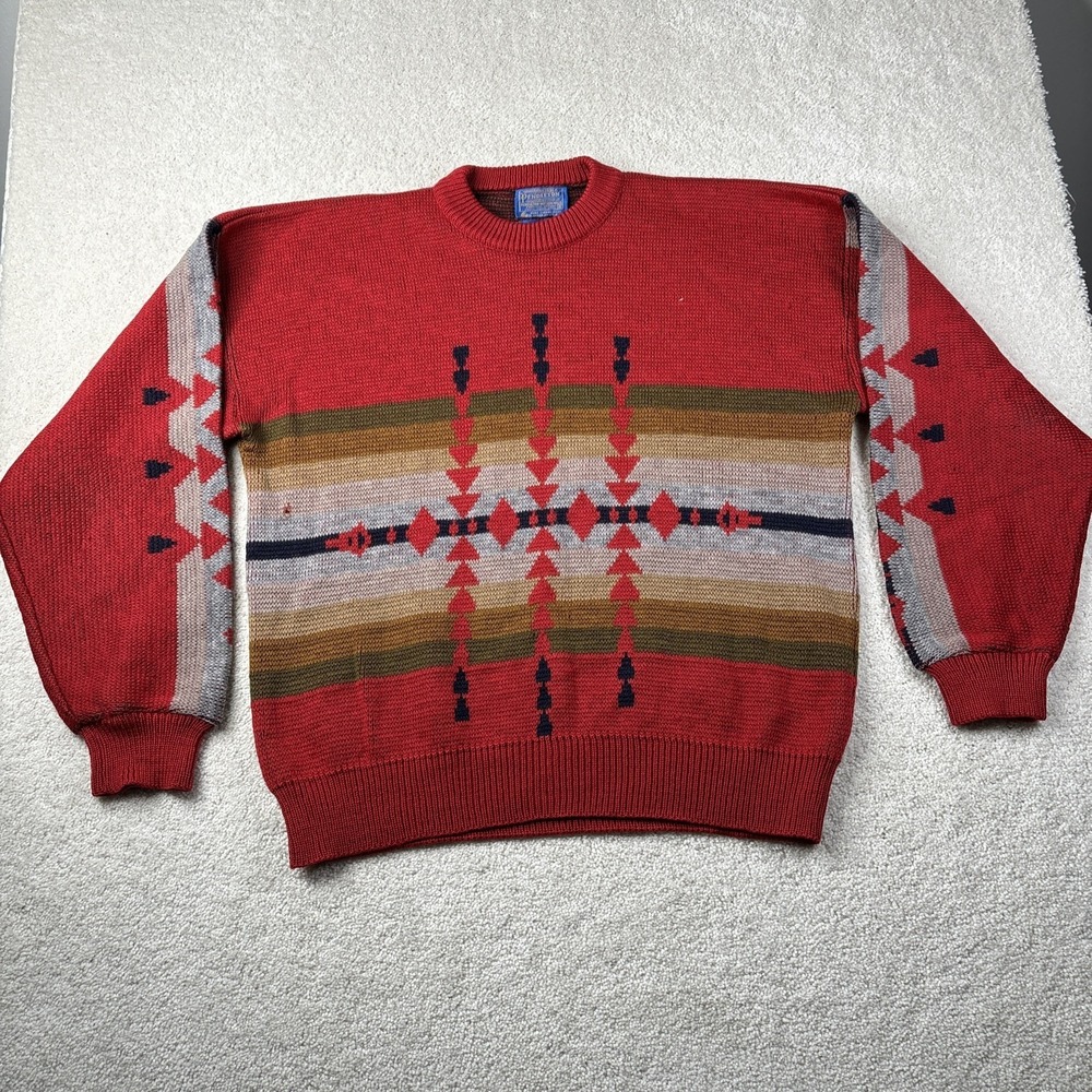 Vtg PENDLETON High‎ Grade Western Wear Wool Sweater XL Red Aztec Southwest READ